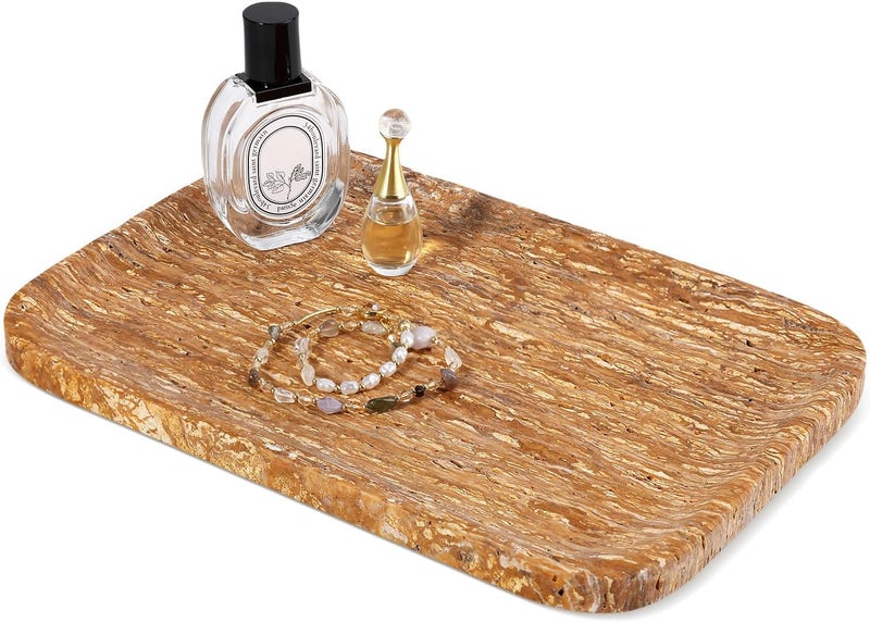 karibiber Natural Marble Vanity Tray, 11.8" Travertine/Stone Bathroom Tray Countertop, Golden Stone for Perfume Jewelry Holder, Decorative Dresser Organizer, Storage for Kitchen Sink(Walnut Traver) - Image 1